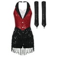 thumbnail image 3 of iiniim Women Sequins Latin Dance Outfits Sleeveless Tassel Leotard Fringed Tango Salsa Dance Dress with Gloves Red S, 3 of 7