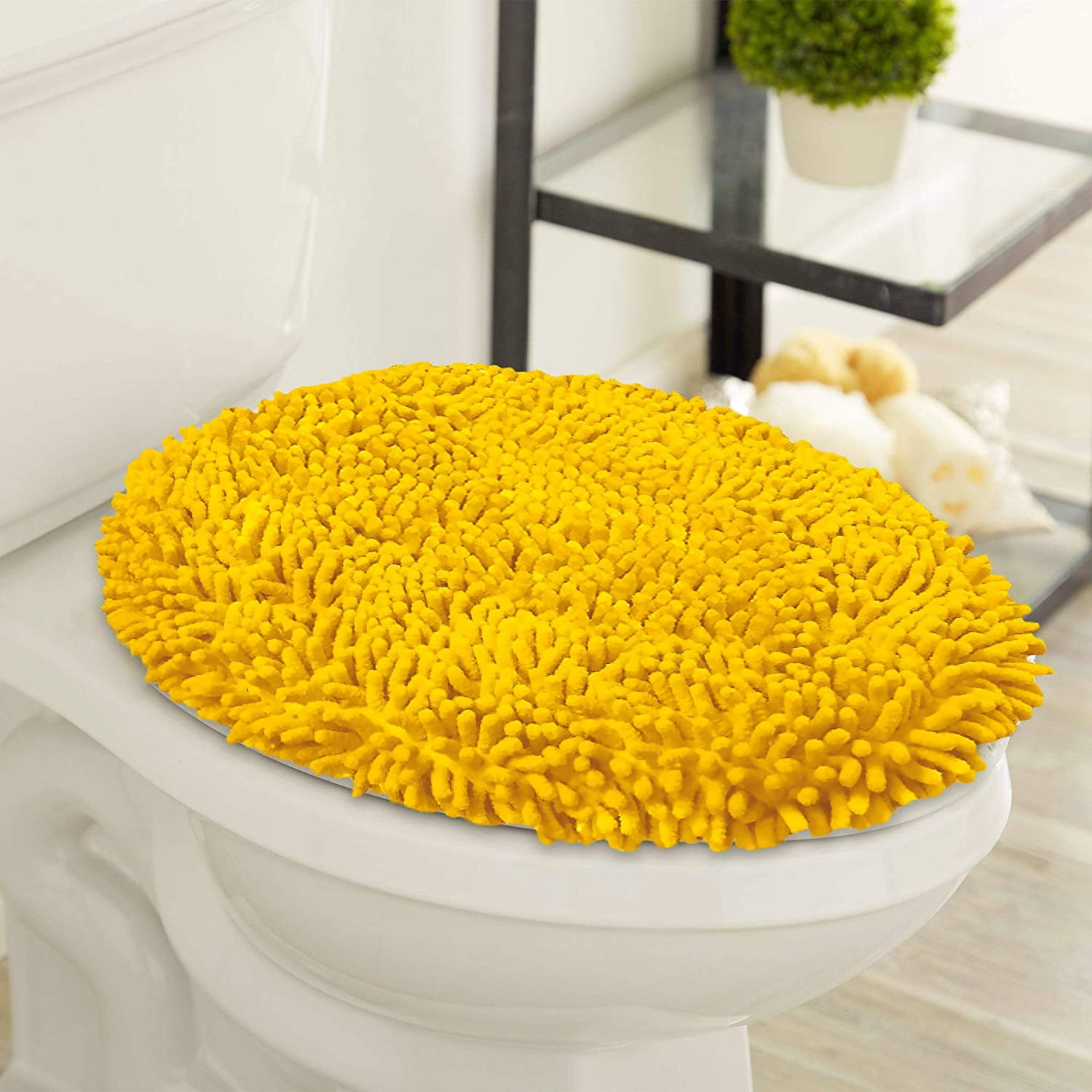 Extra-Soft Plush Seat Cloud Washable Shaggy Microfiber Standard Toilet Lid Covers for Bathroom Machine Wash & Dry. Round Lid Cover, Green LuxUrux Toilet Lid Cover 