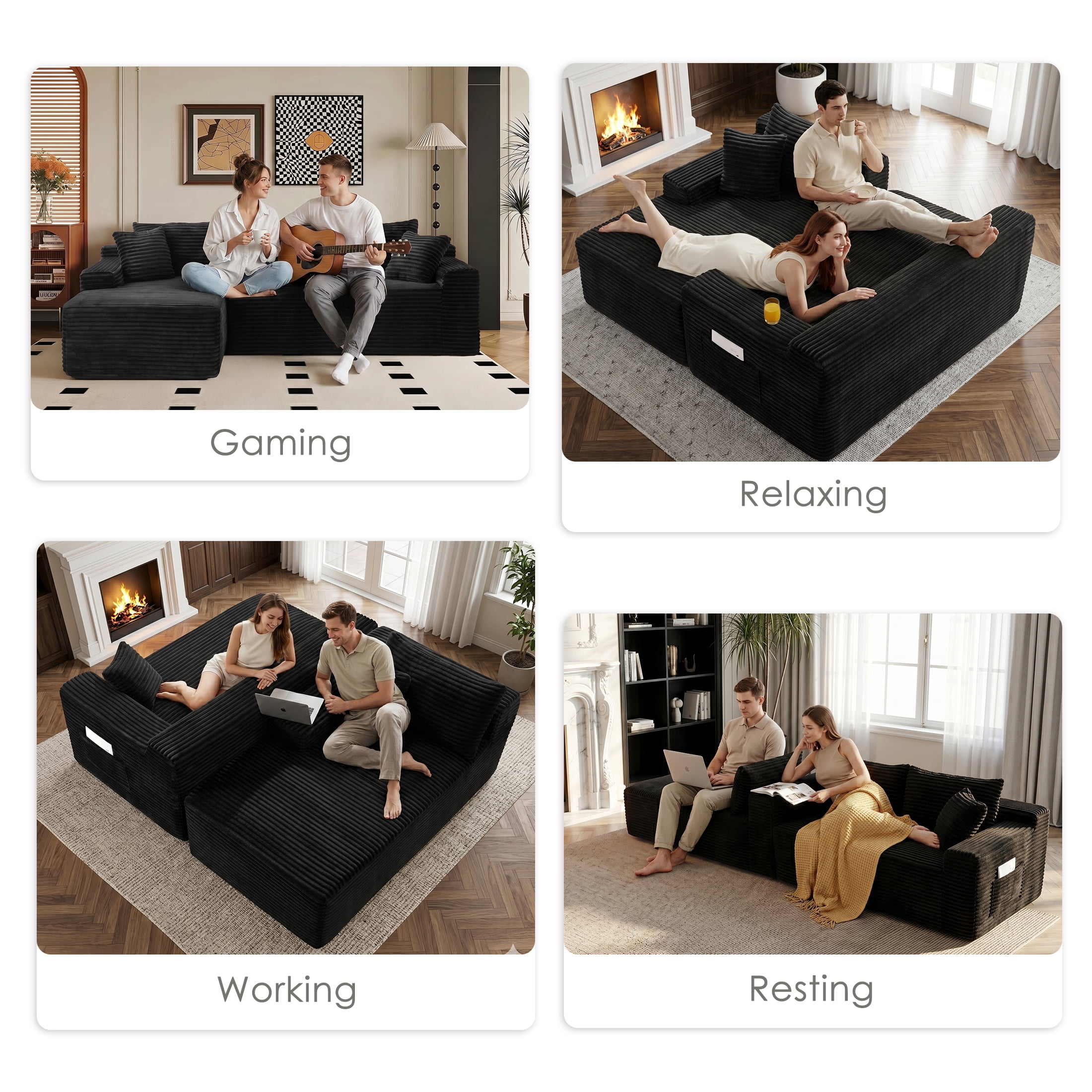 Xiweot 106" Cloud Sectional Sofa Deep Seat Boneless Couch L-Shaped Modular Couch, Modern Left Chaise Corduroy Upholstered Sofa with Side Pockets for Living Room, Black