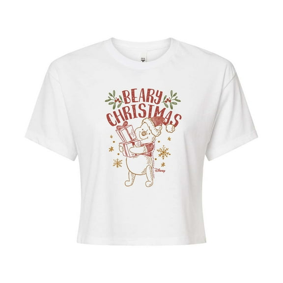 Disney Winnie The Pooh - Pooh Wishes A Beary Christmas - Juniors Cropped Cotton Blend T-Shirt