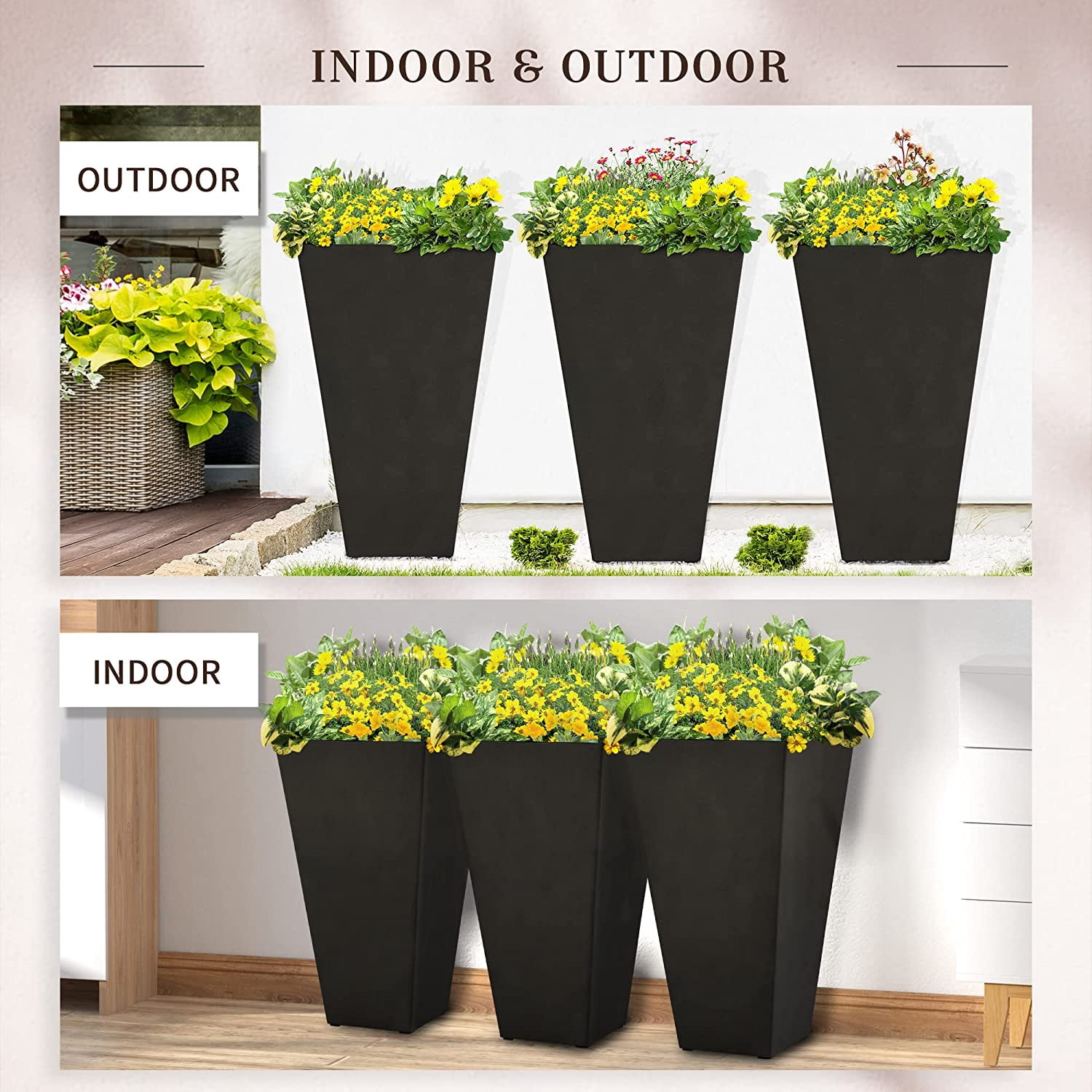 AINUO Set of 3 Tall Planters, 28 Inch Outdoor Flower Plant Pots with Drainage Holes, Indoor Outdoor Planters for Porch, Patio and Deck, Black