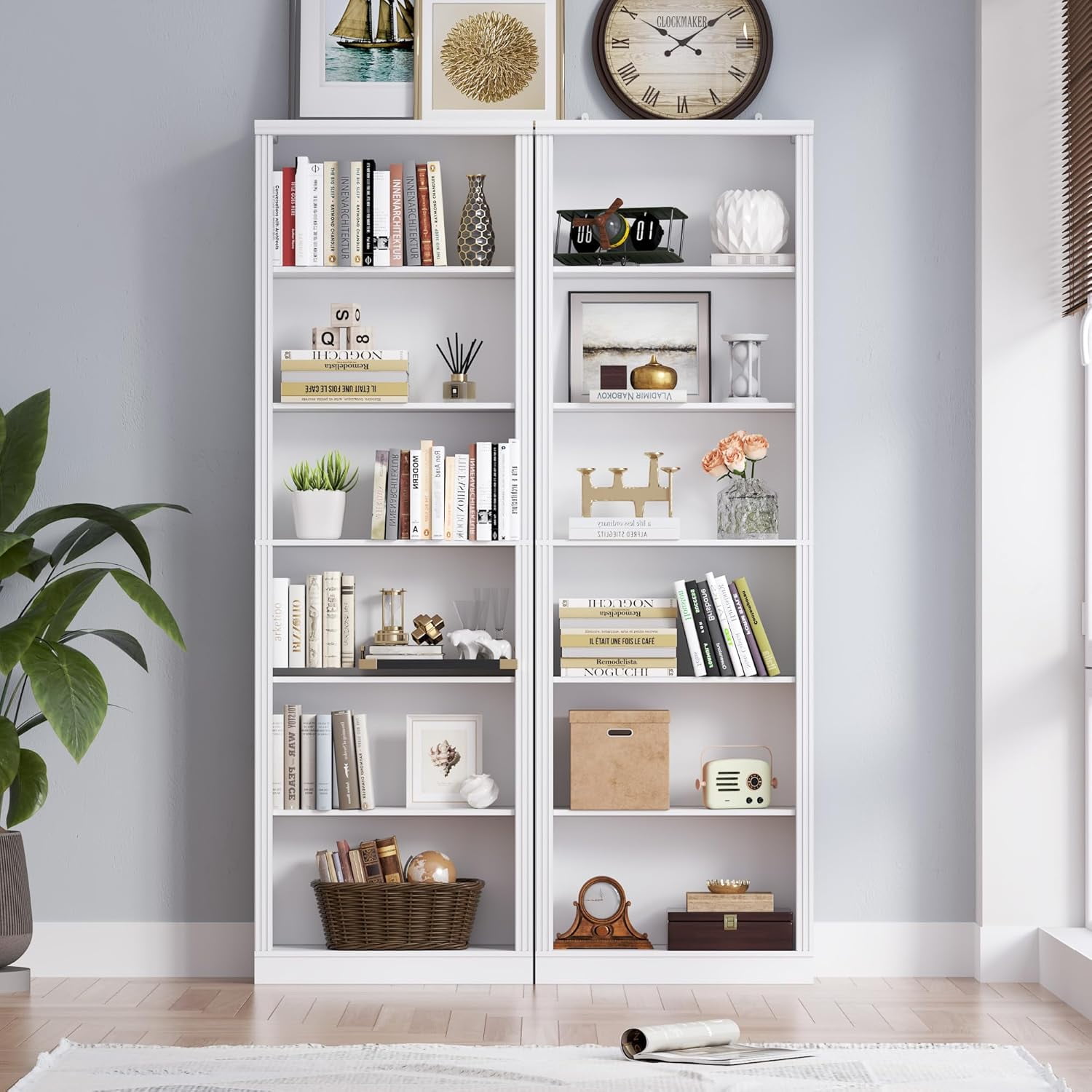 PUFFCAFE 75" Tall Bookcase,24" Wide Wood Book Shelf,6 Tier Display Storage Shelves,White Book Case for Home Office Living Room Bedroom Study,2 Pack