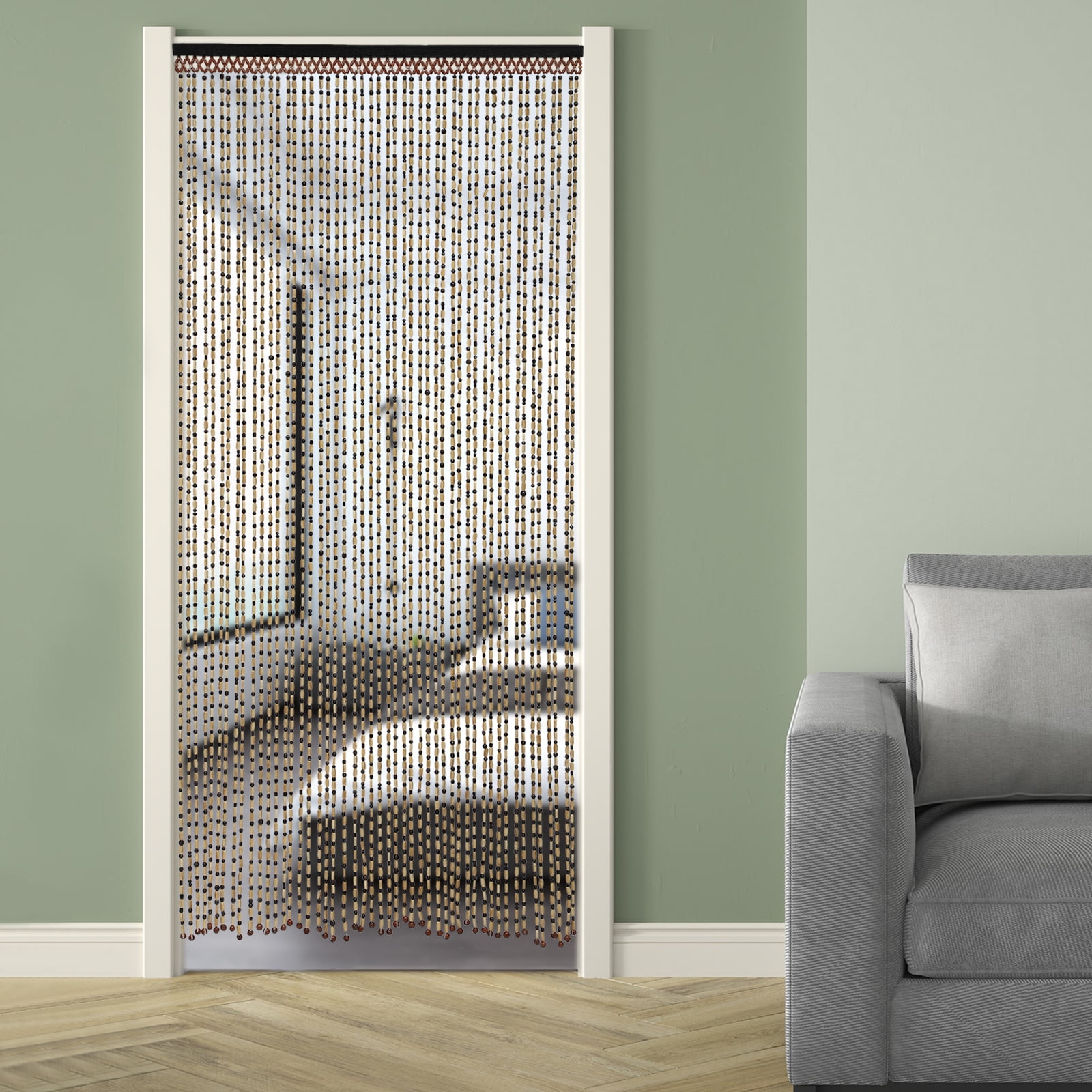 Bamboo Bead Curtain 74.8"x35.43" Traditional Wood Beaded Door & Window Curtain, Privacy Protector, Mosquito & Insect Barrier, Red Wine/Black/Beige