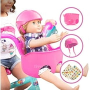 Bikes on Hikes Doll Seat Set - Universal Scooter and Bicycle Carrier and Helmet for Dolls and Stuffed Toys - Fun Hot Pink Bike Accessories and Birthday Gift for Girls Fits All Dolls