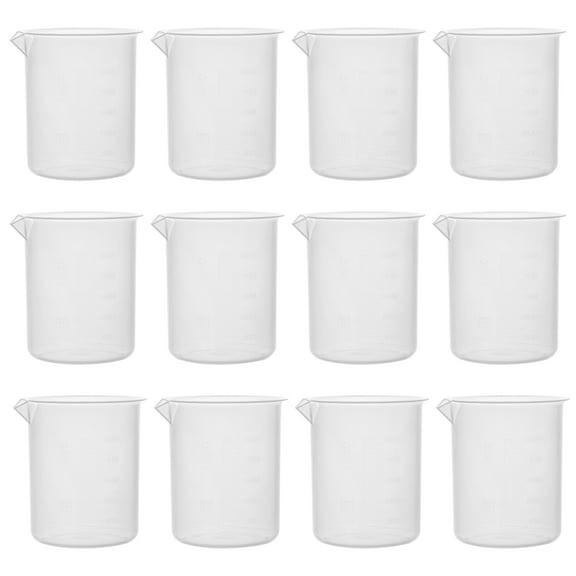 12PK Plastic Beakers, 500ml - Polypropylene Plastic - Raised Graduations, Tapered Spout - Euro Design - Eisco Labs