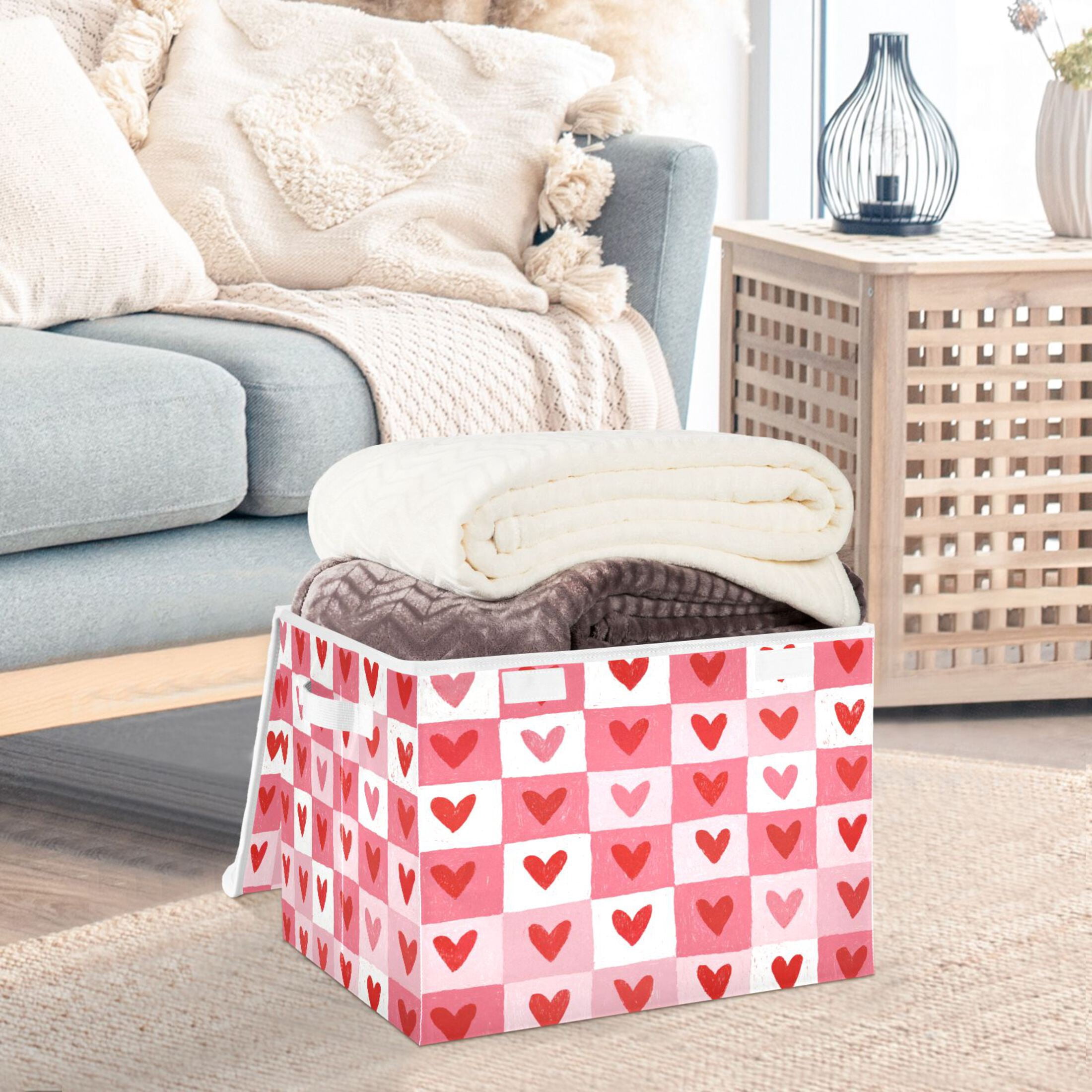 Large Collapsible Fabric Storage Box with Flip Lid & Handles, Decorative Organizer Basket for Home16.5×12.6×11.8in Crayon Heart Checkers