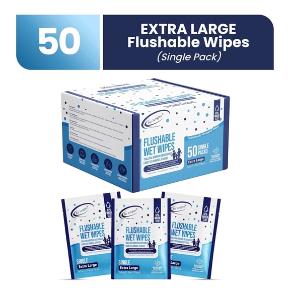 Air Jungles Flushable Wipes Individually Wrapped 50 Count, Travel Size for Adult with Aloe Vera & Vitamin E, Fresh Scent- XL 7 × 7 in
