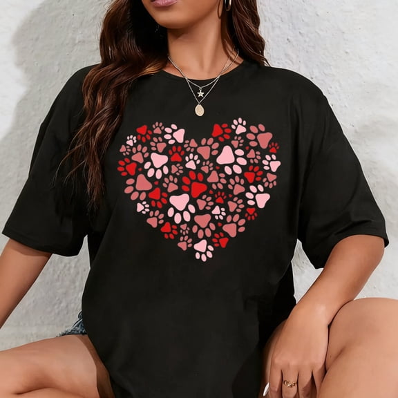 100% Cotton Dog Lovers Shirt for Women Cute Dog Paw Heart Graphic Shirt Dog Mom Valentine's Mother's Day Tops Spring Tee