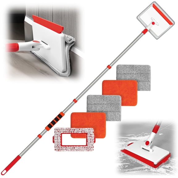 JEHONN Wall & Baseboard Cleaner Mop Tool with 4 Reusable Pads Red