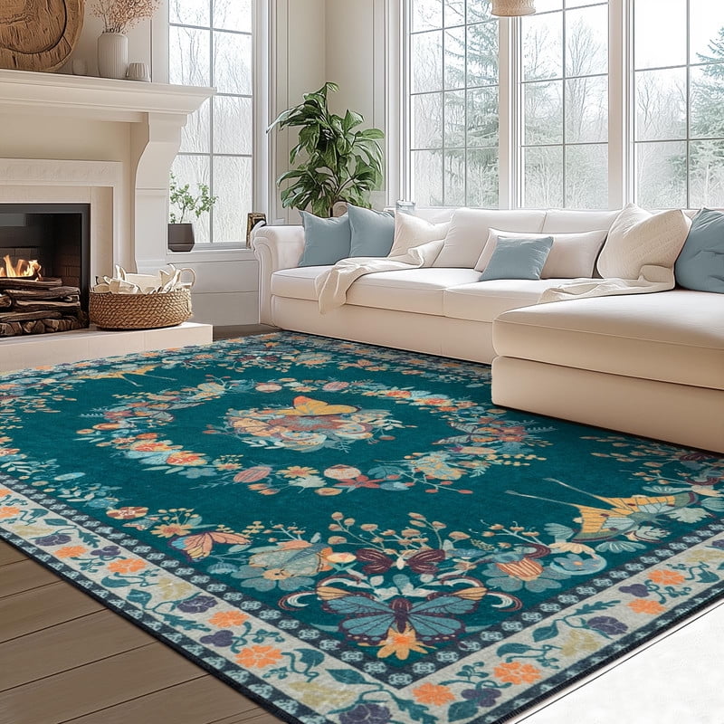 6x9 Washable Dark Green Area Rug for Living Room, Soft Low Pile Butterfly Insect Printed Throw Rugs with Rubber Backing, Non-Slip Stain Resistant Large Carpet for Bedroom Office Dining Girls Room