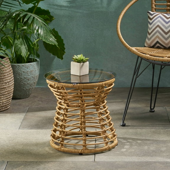 CoSoTower Boho Wicker Side Table - 15.5" Wide Outdoor Patio Table with Tempered Glass Top & Metal Frame, Handwoven Rattan Accent Table for Deck or Garden
