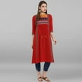 thumbnail image 3 of Janasya Indian Round Neck 3/4 Sleeve Floral Print Red Poly Crepe Kurta For Women, 3 of 8