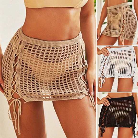 Joernso Beach Skirt Solid Color Drawstring Hollow Out Hight Waist Summer Skirt Holiday Clothes