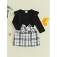 thumbnail image 3 of Suealasg Kids Girls Spring Skirt Set 6M 1T 2T 3T 4T 5T Long Sleeve Round Neck Tops +Tweed Plaid Print Bow Skirt Set 2 Piece Casual Autumn Clothing for Child Girls, 3 of 9