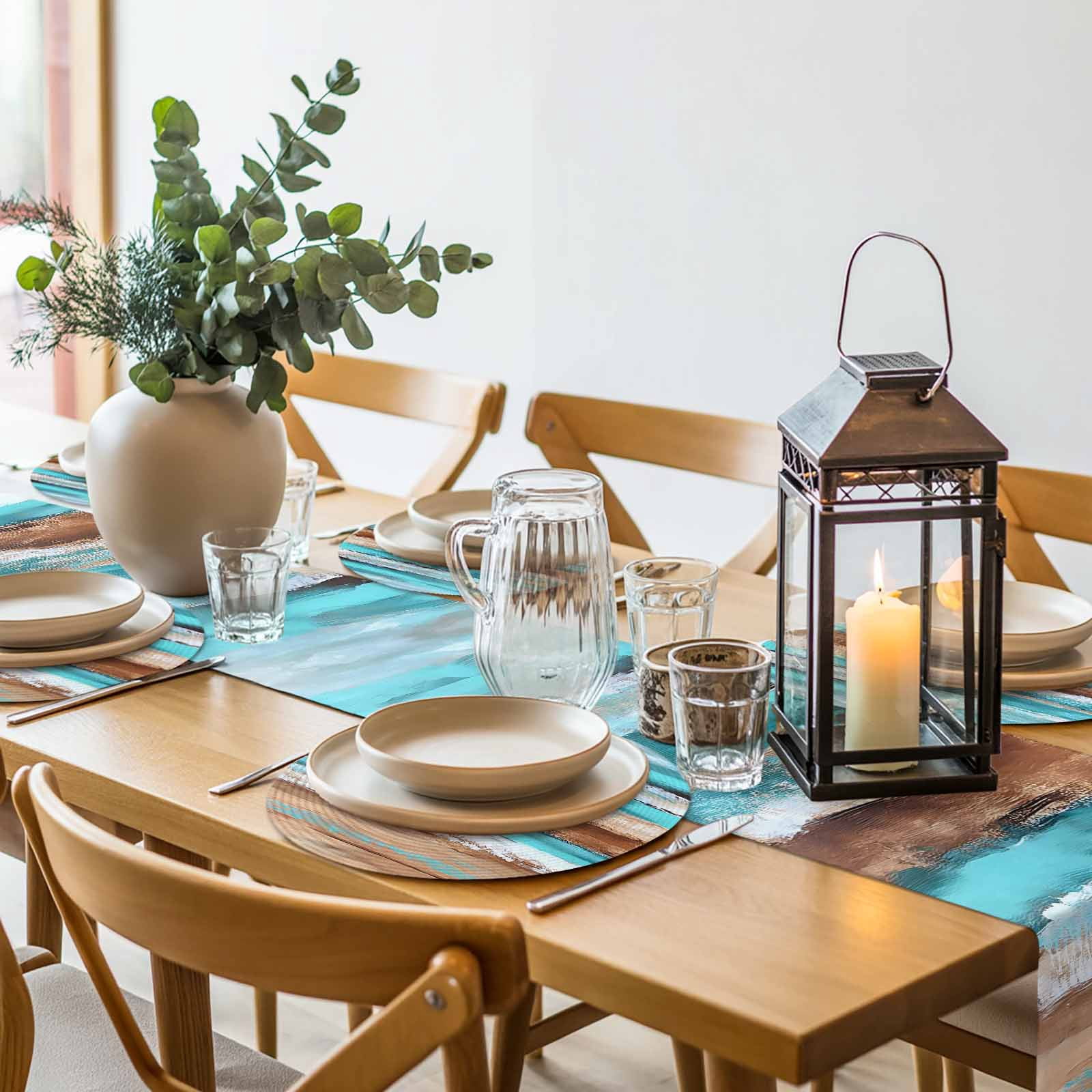 Turquoise Brown Round 13 Inch Placemats Set of 6, Abstract Wood Grain Gradient Stripes HeatResistant Non Slip Place Mats for Dining Table, Wipeable Braided Kitchen Table Mats for Housewarming