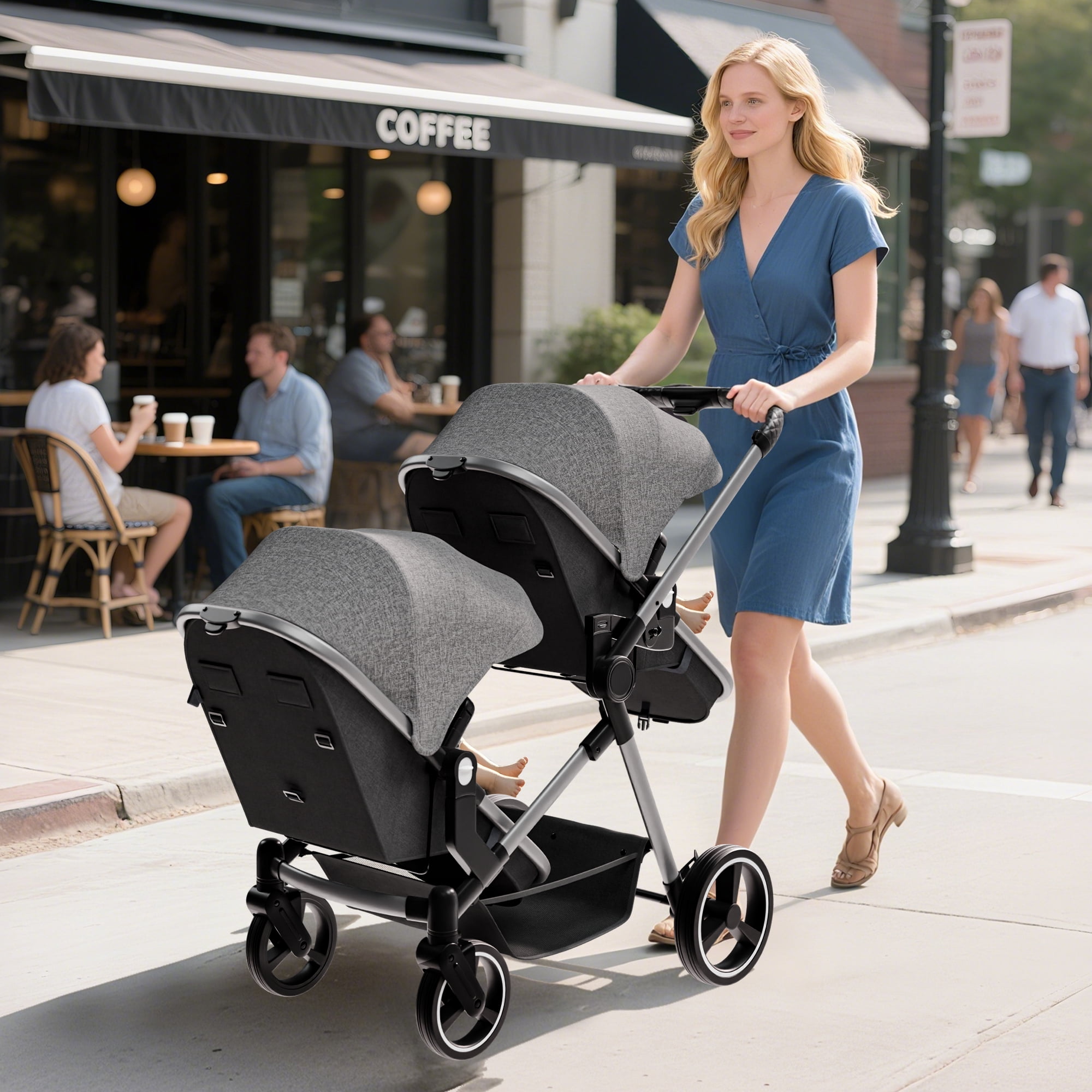Double Stroller, Foldable Tandem for Infants & Toddlers, Reclining Seats, 5-Point Harness, Large Basket, Gray
