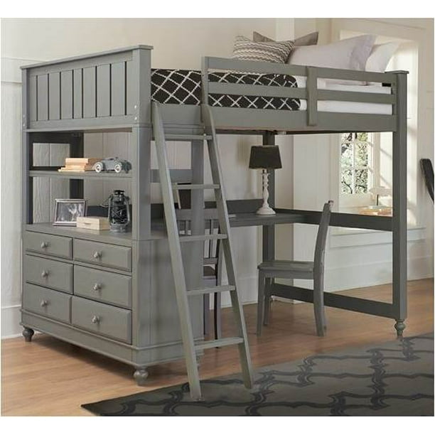 Full Loft Bed With Desk In Stone White, Hawthorne Single Over Double Bunk Bed With Trundle