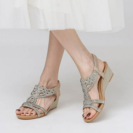 

WZJuhiie Wedge Fashion Sandals Summer New Bohemian Style Retro Rhinestone Elastic Strap Roman Shoes