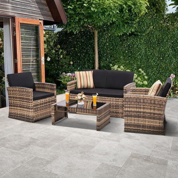 4-Piece Wicker Patio Furniture Set, Outdoor Rattan Sectional Sofa with Cushions & Glass Table, All-Weather Conversation Set for Garden Porch Backyard, Black