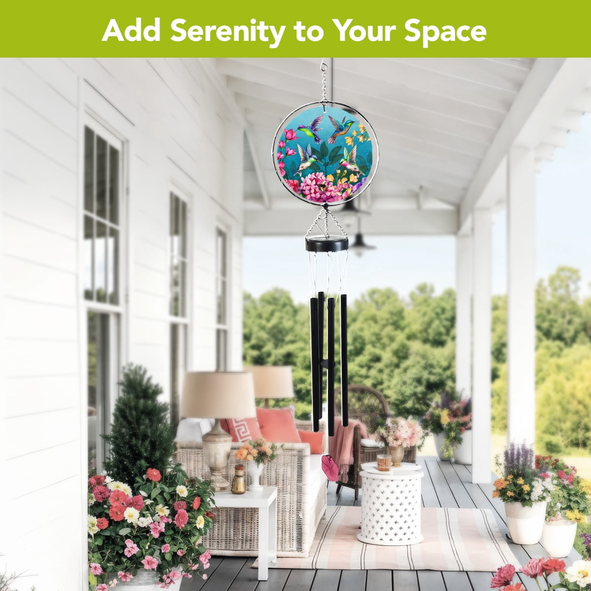 Briarwood Lane Spring LED Illuminated Solar Powered Glass Suncatcher  Wind Chime 37x8 Springtime Hummingbirds For Spring Wind Chime For Outdoors Melodic Metal Windchimes Wind-Chimes