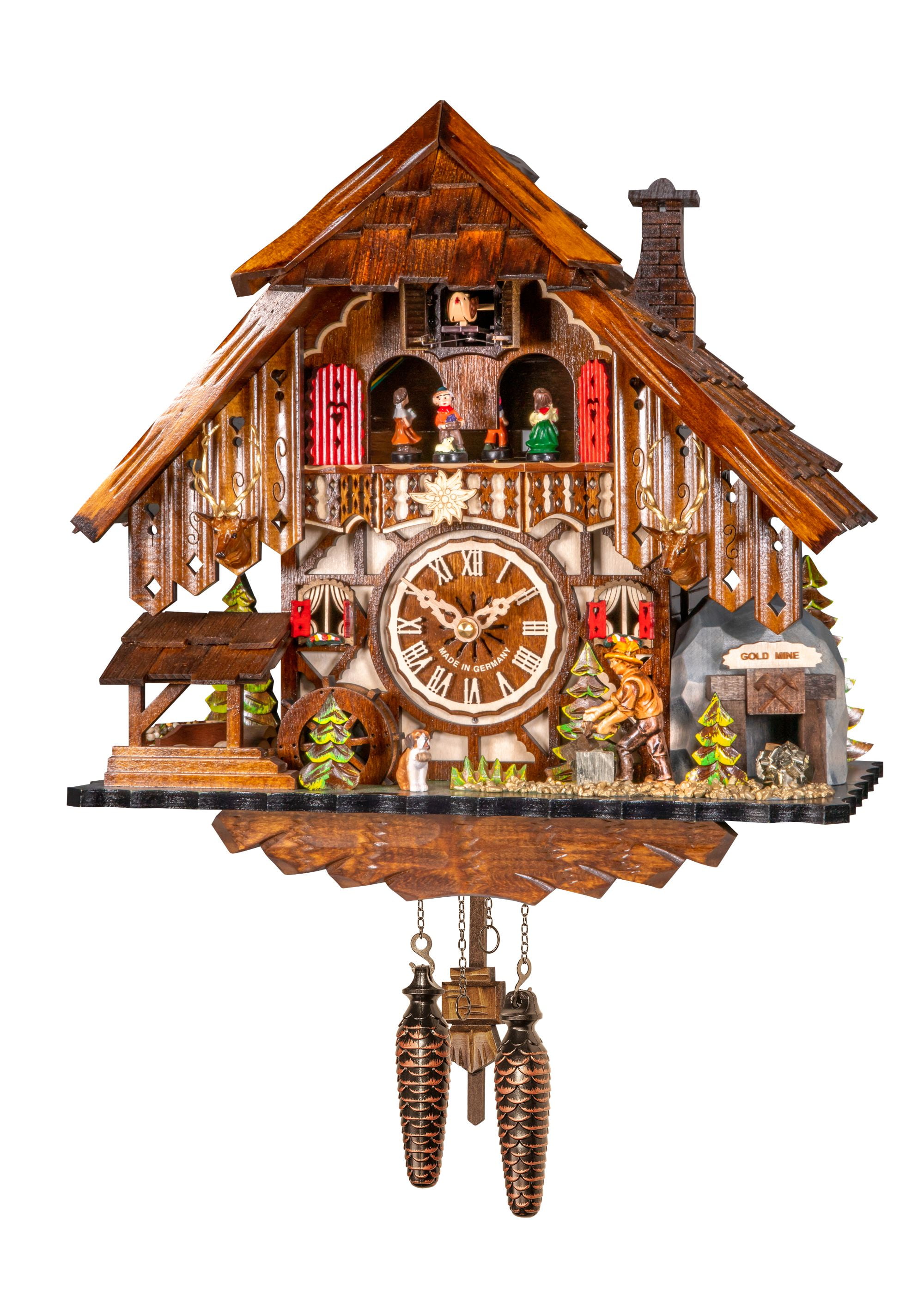 Quartz Cuckoo Clock Black Forest house with moving wood chopper and