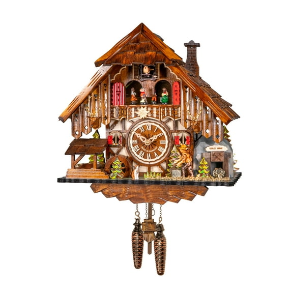 Quartz Cuckoo Clock Black Forest house with moving wood chopper and mill wheel, with music