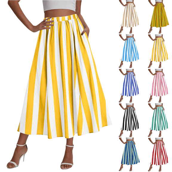 Striped Maxi Skirts for Women Summer Casual Elastic High Waist Trendy A Line Flowy Womens Beach Vacation Skirt