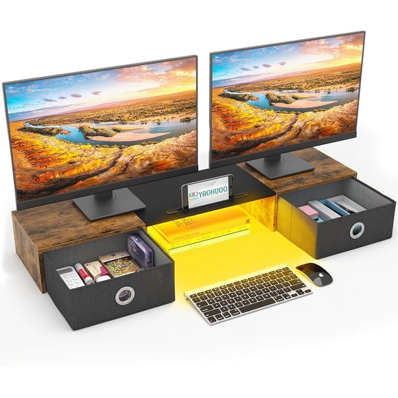 YAOHUOO Dual Monitor Stand with 2 Drawers, Computer Monitor Riser for 2 Monitors, Large Desktop Organzier with Storage for PC/Laptop/Computer/TV Scre