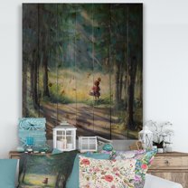 Designart 'Little Red Kid Riding Hood In The Woods' Traditional Print on Natural Pine Wood
