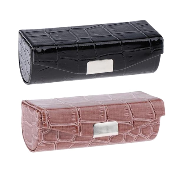 Estuche para lápiz labial individual de cuero sintético para mujer, 2 unidades, con espejo y soporte para lápiz labial. Negro y marrón
