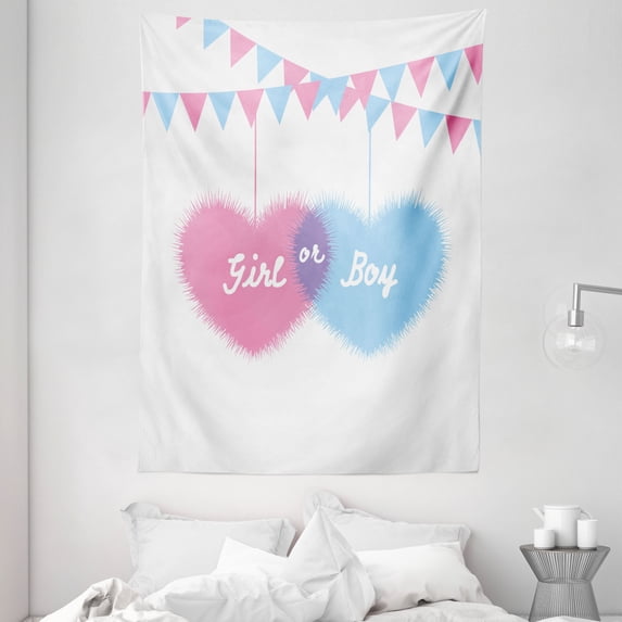 Gender Reveal Tapestry, Girl and Boy Hearts Flags Celebration for Newborn in the Family, Wall Hanging for Bedroom Living Room Dorm Decor, 60W X 80L Inches, Pale Pink and Blue, by Ambesonne