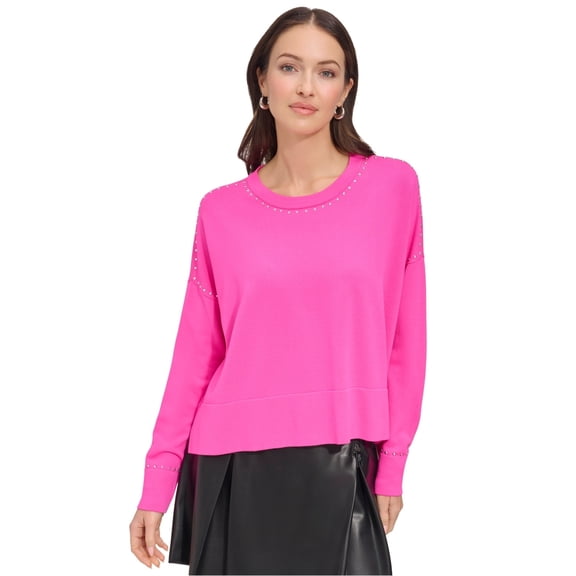 DKNY Womens Studded Pullover Sweater, Pink, Small