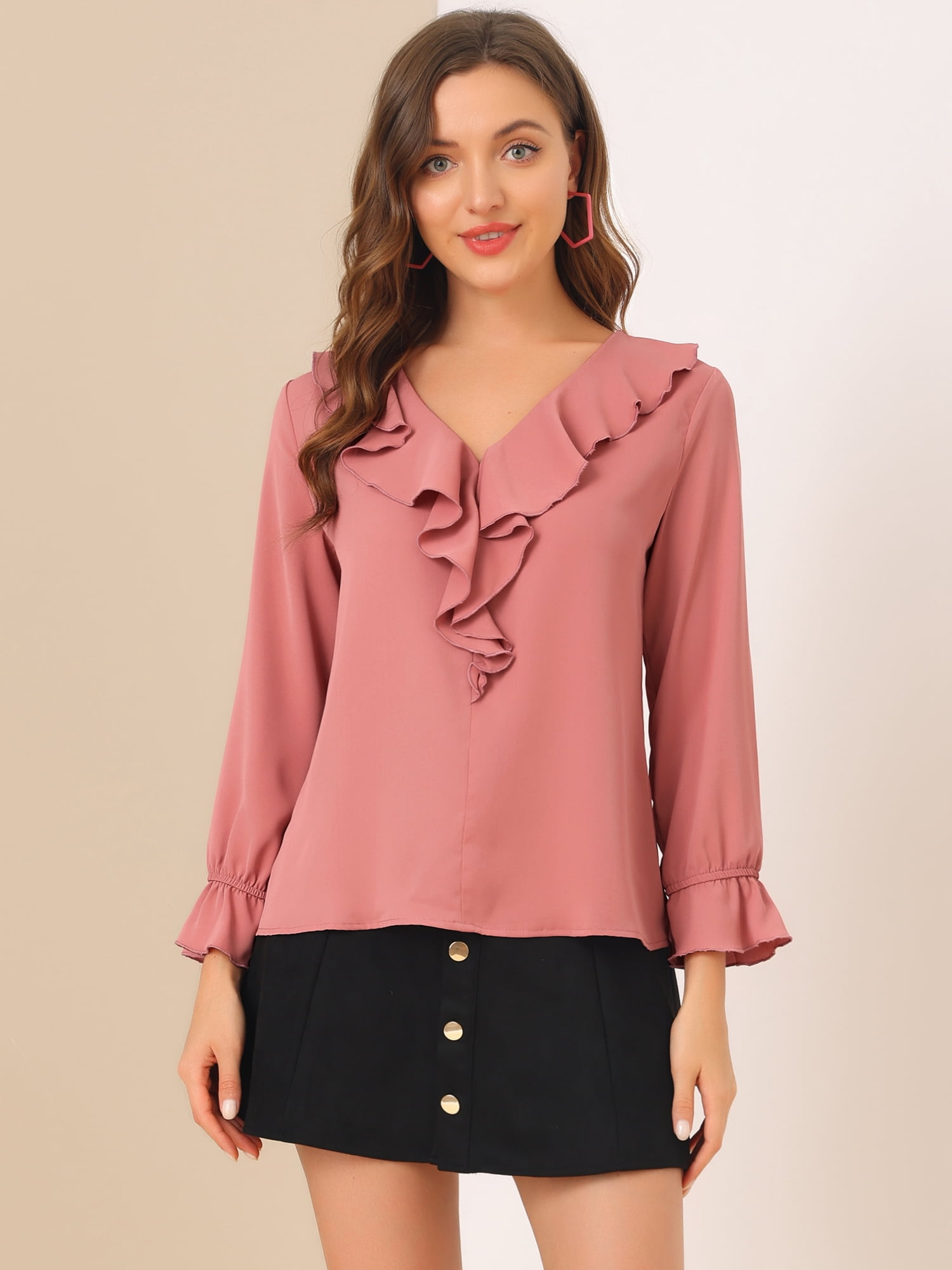 DARING DIVA Women's Ruffle V Neck Chiffon Peasant Blouse 3XL Dark Pink