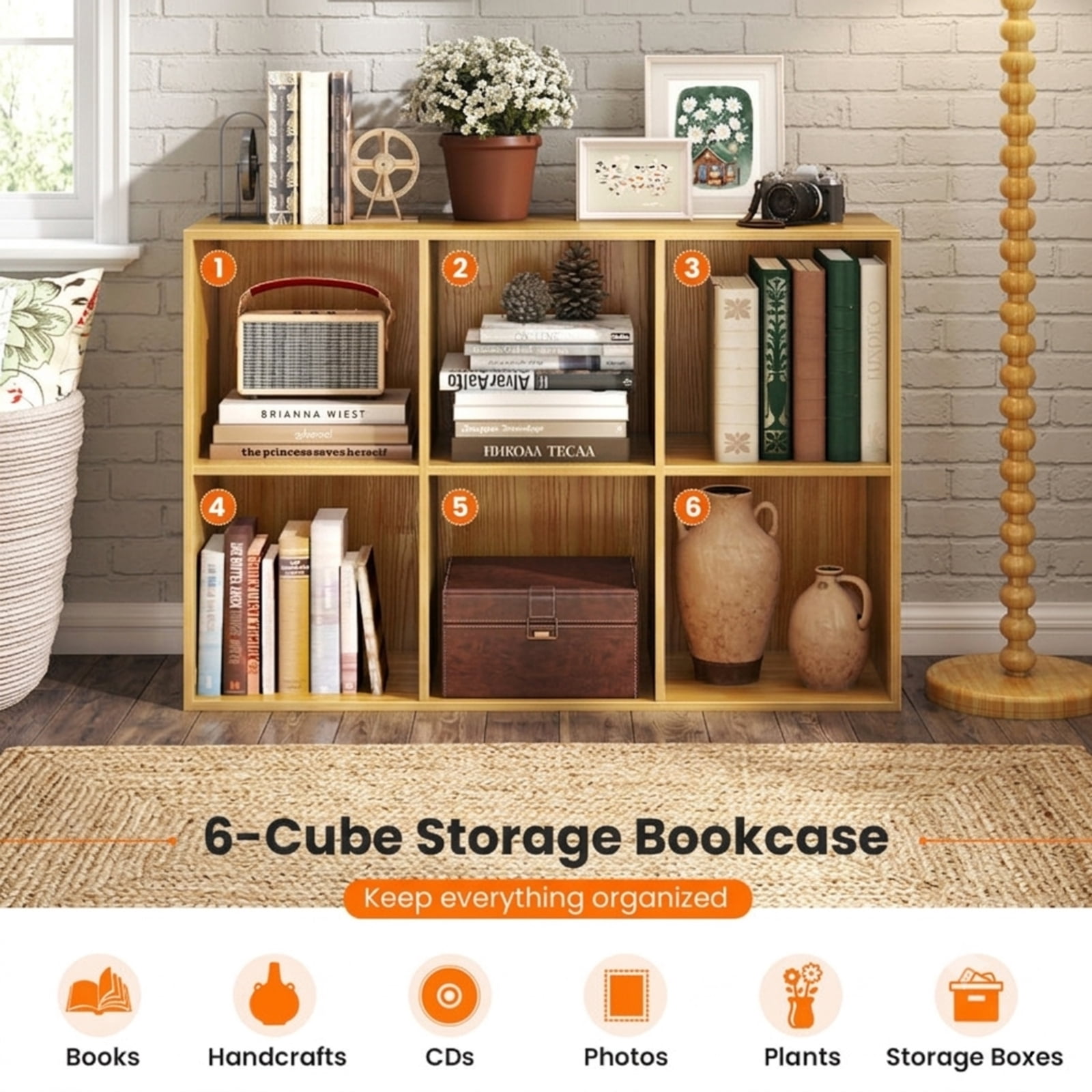 Furnibear Modern 6-Cube Bookcase Freestanding Storage Bookshelf with Anti-Tipping Kits for Bedroom and Living Room, Natural