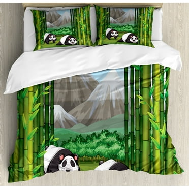 Tropical Queen Size Duvet Cover Set, Panda Bears Walking among Bamboo Majestic Mountain Jungle Cartoon Illustration, Decorative 3 Piece Bedding Set with 2 Pillow Shams, Multicolor, by Ambesonne