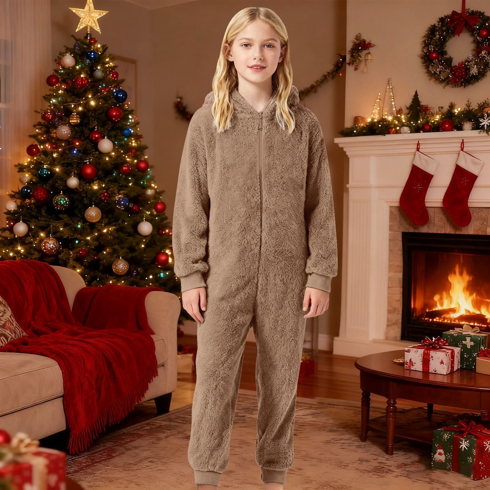 WOYY Onesies for Boys Girls Hooded Jumpsuit Winter Warm Romper One-Piece, Sizes 5-6