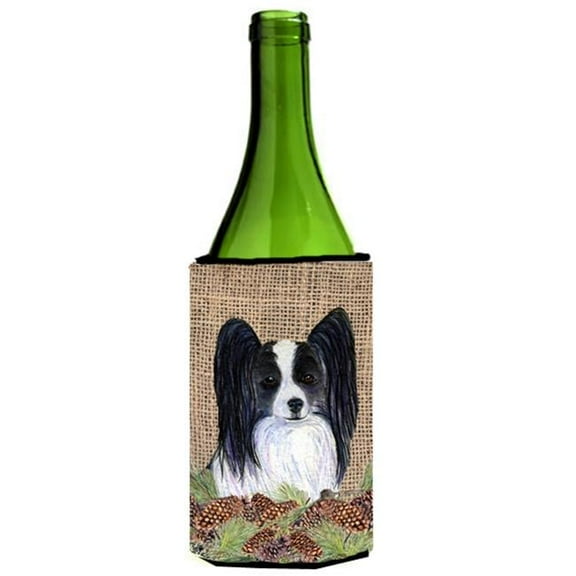 Papillon on Faux Burlap with Pine Cones Wine bottle sleeve Hugger 24 oz.