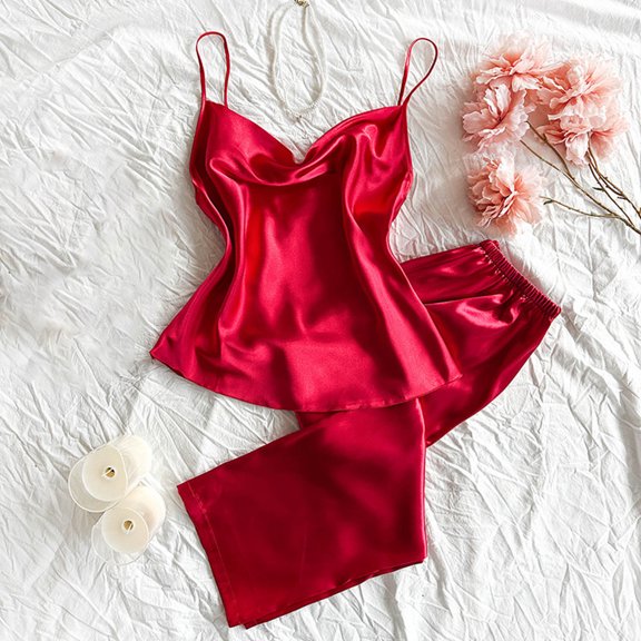 Blmnix Sexy Pajamas Pjs Sets for Women Silk Pajamas Sleepwear Sets Pajama Set Straight-Leg Red Cowl Neck Sleeveless Full Short Pajama Set for Women,M