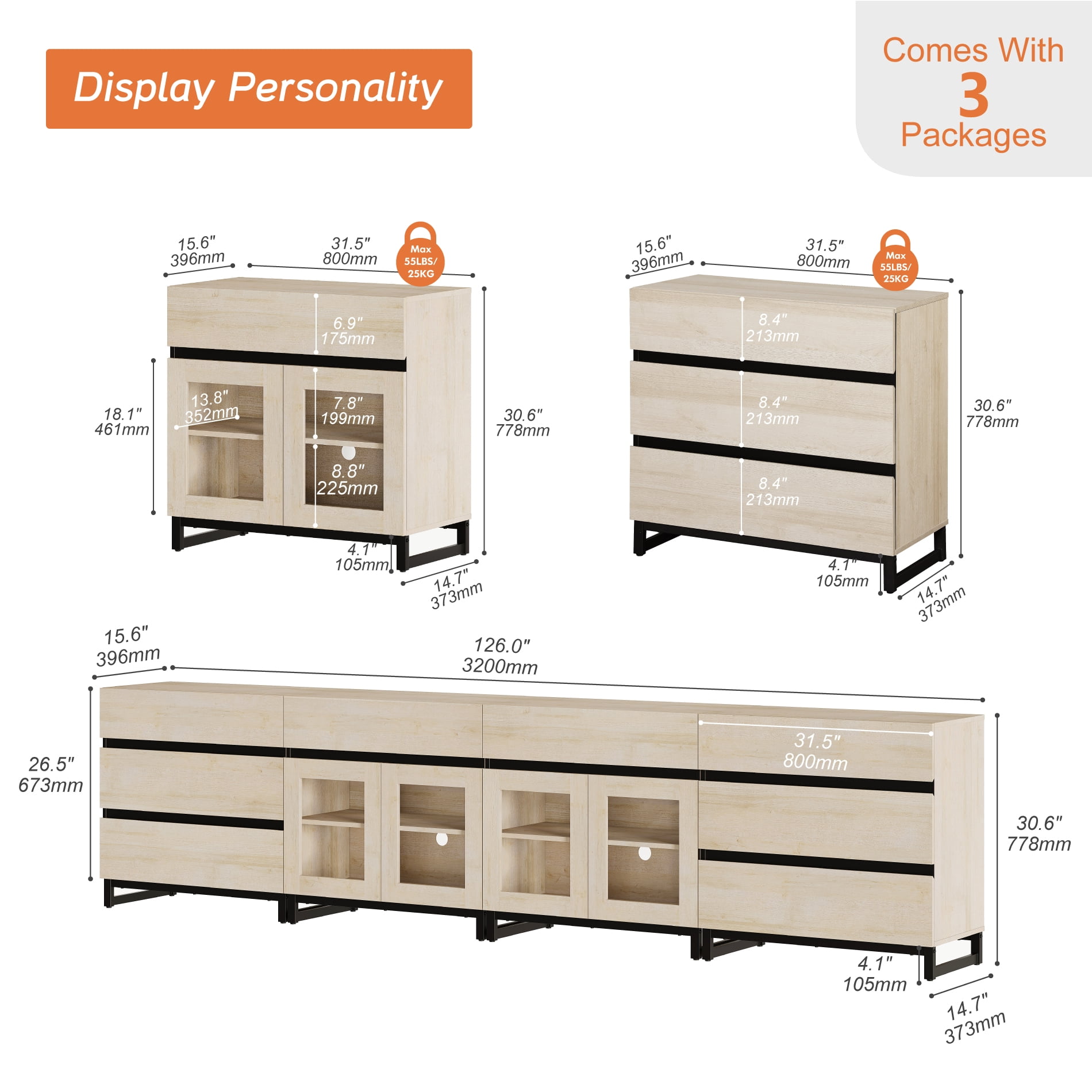 4 In 1 Modern Dresser with Glass Doors & 8 Drawers, Chest of Drawers with Adjustable Shelves, Multi-purpose Bedroom Closet Organizer Storage Cabinet,Beige