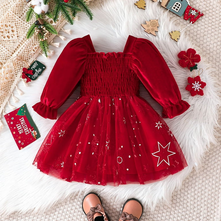 Chenyuanyuan Baby Girl Christmas Outfit Toddler Children Girls Christmas Long Sleeve Star Prints Dresses Tulle Dress Clothes Size 9 12 Months