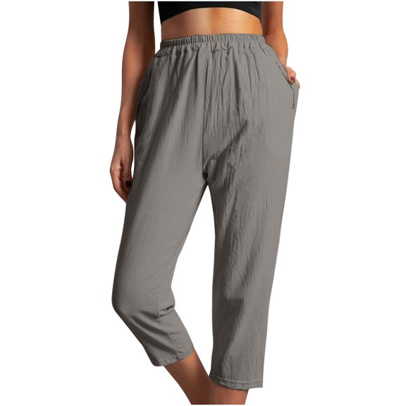 Linen Pants Women Summer Womens Cotton Linen Loose Fit Casual Capri Pants Elastic Waist Yoga Summer Beach Trousers Cropped Pants with Pockets Hiking Pants Women