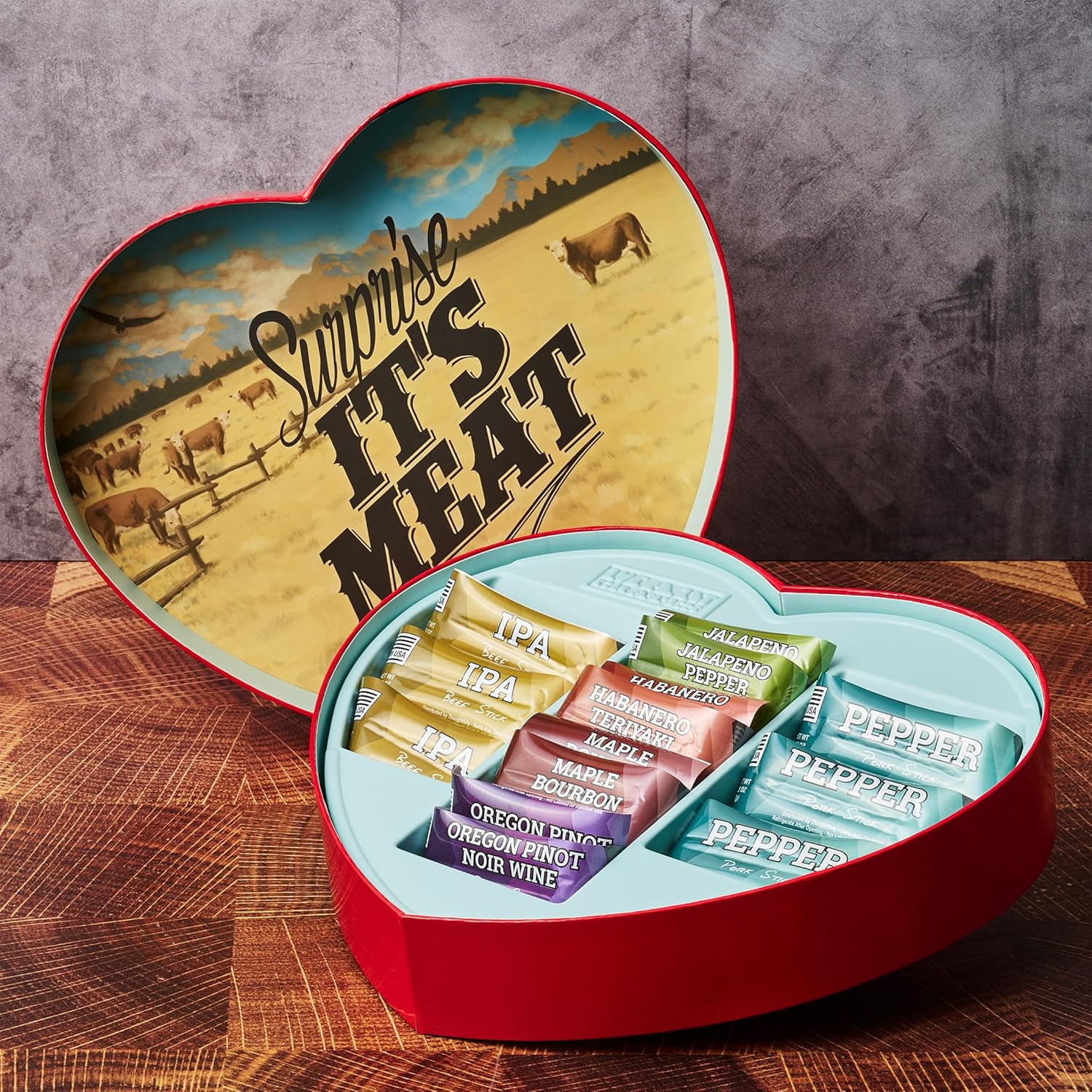 Man Crates Jerky Heart, Beef Sticks Snack Pack with Flavors Like Habanero and Maple Bourbon for Father's Day Gifts
