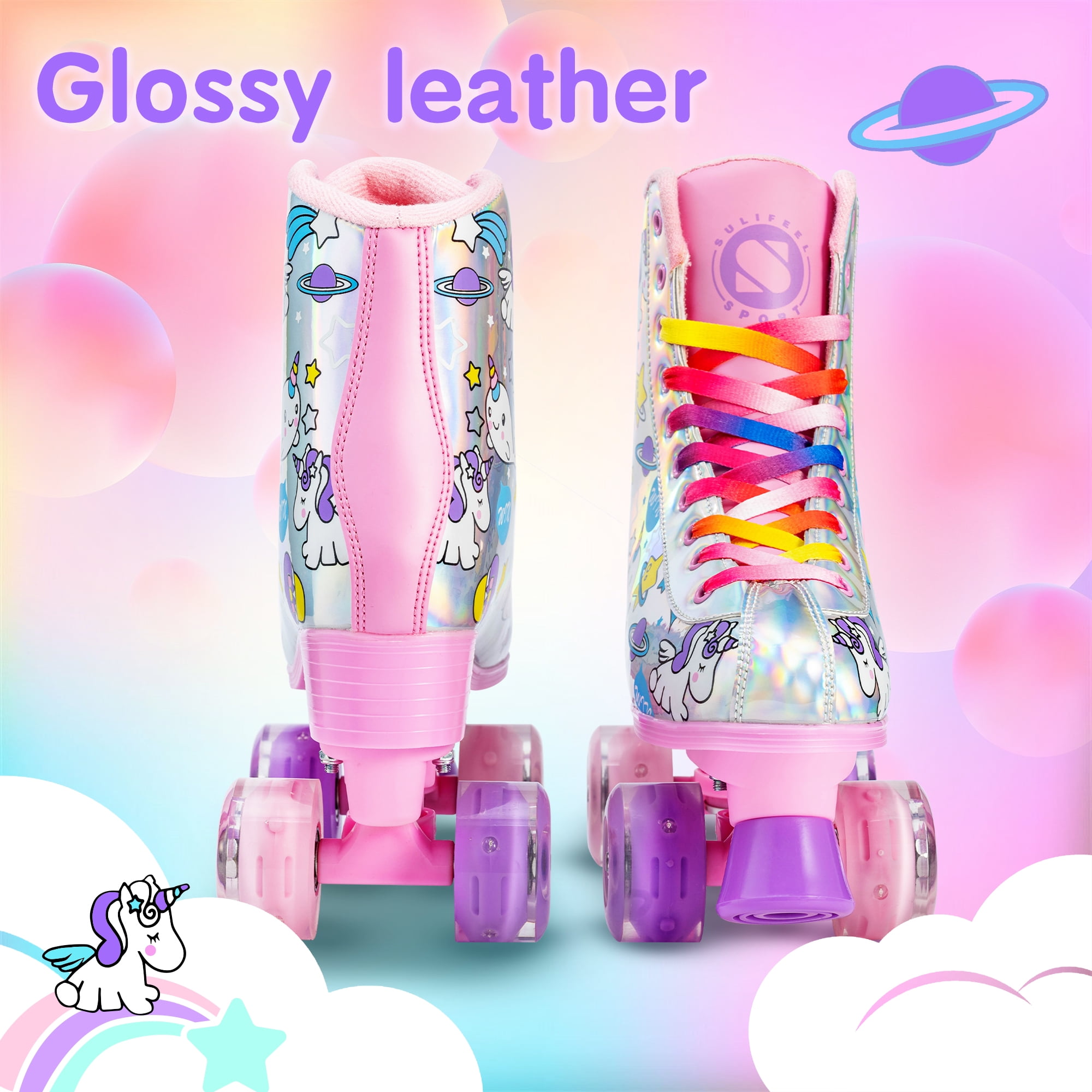Roller Skates for Girls Light up Wheels Kids with High Top Reflective TPU Leather Rainbow Unicorn
