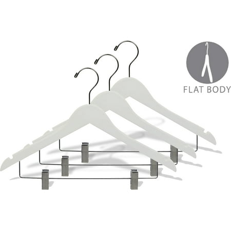 Wooden Dress Hangers White Wood Combo Hanger w/ Cushion Clips, Box of 25 Space Saving 17 Inch Flat Wooden Hangers w/ Chrome Swivel Hook & Notches for Shirt Jacket or Dress by International Hanger ()