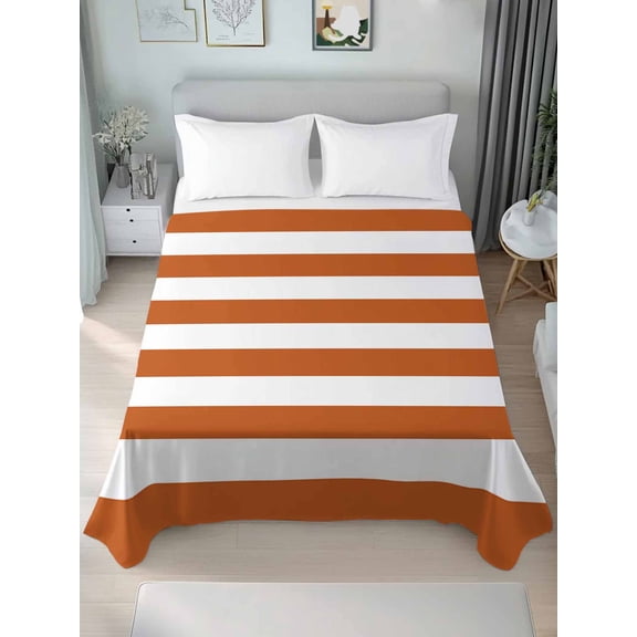 Queen Flat Sheet Only Farmhouse Classic Stripes Soft Microfiber Cooling Bedding Sheets Orange White Flat Bed Sheet for Hotel,Home Decor