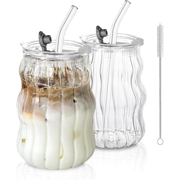 Ribbed Glass Cups with Lids and Straws – Unique Glasses for Iced Coffee, 18oz Vintage Design, Ideal Wavy Coffee Cups with Straws, Bubble Glass Aesthetic, Clear Ribbed Glasses