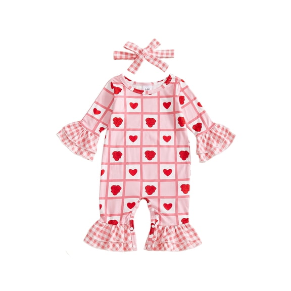 BemeyourBBs Newborn Baby Girl Valentine Day Outfits Rose Heart Romper Ruffle Long Sleeve Jumpsuit with Headband Flare Pants Spring Clothes