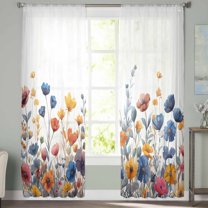 Sheer Curtains 63 inches Long, Blue and Yellow Poppy Watercolor Floral Plants Light Filtering Sheer Window Curtains Rod Pocket Voile Drapes for Bedroom Living Room, 52"W x 63"L 2 Panels