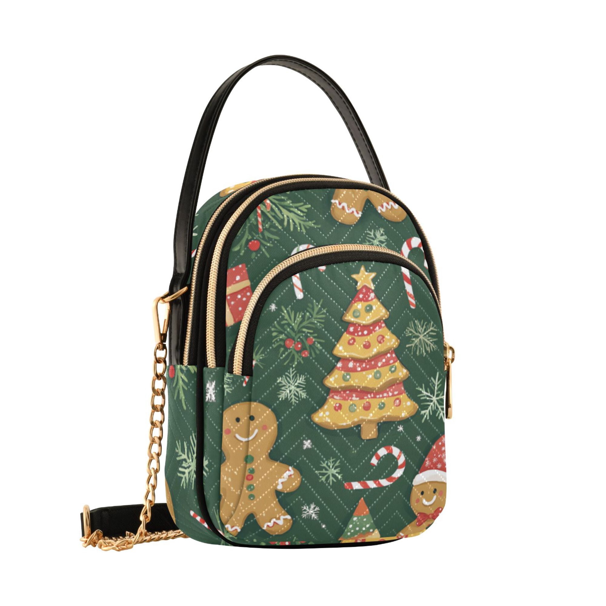 FORMRS Crossbody Bag for Women Quilted Travel Shoulder Cell Phone Purse with Chain Strap Handbag, Beige Christmas Gingerbread