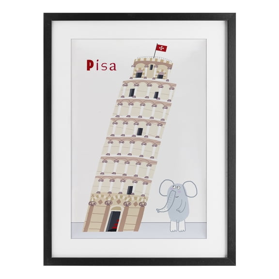 Elephant & Leaning Tower Pisa Black Framed Print Under Glass, design by Carla Daly